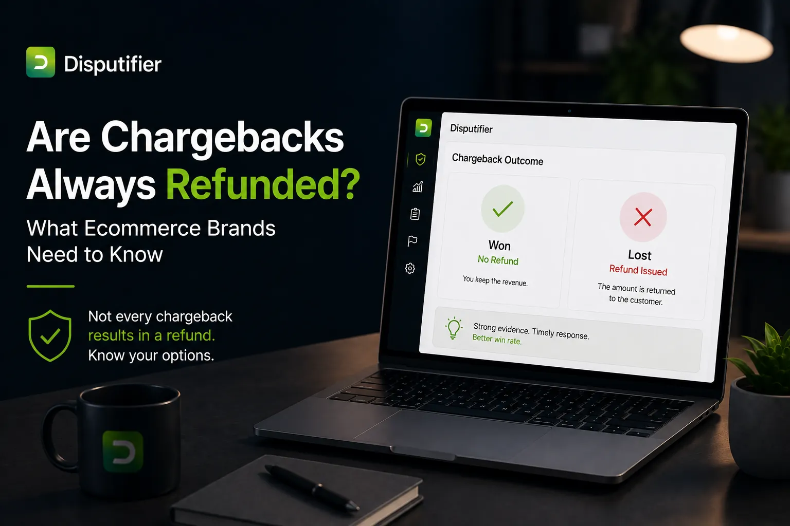 Disputifier illustration explaining chargeback outcomes, showing that chargebacks are not always refunded and highlighting the difference between winning a dispute and losing one for ecommerce merchants.