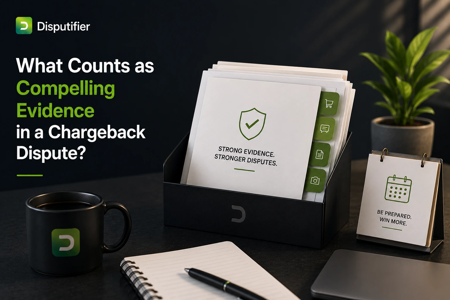 Disputifier illustration showing compelling evidence for a chargeback dispute, including verified delivery, customer communication, purchase documentation, and response deadline tracking for ecommerce merchants.