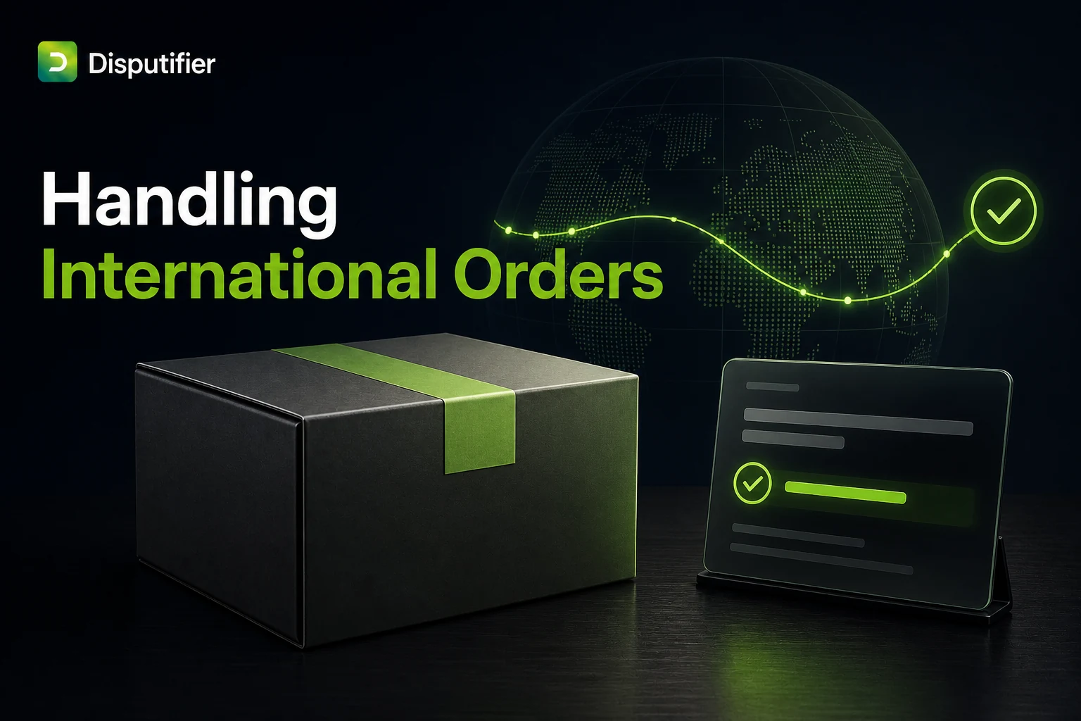 Disputifier illustration showing an international ecommerce order being reviewed through global routing and risk screening before fulfillment to help prevent chargebacks.”