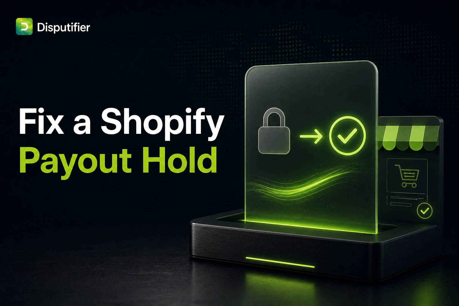 Disputifier illustration showing an ecommerce payout hold changing from locked to resolved, with a storefront order status panel for Shopify merchants.