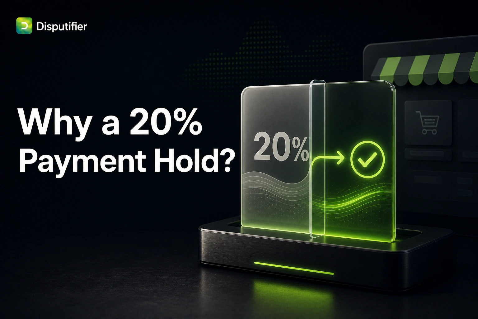 Disputifier illustration showing a 20 percent ecommerce payment hold moving toward a resolved payout status for Shopify merchants.
