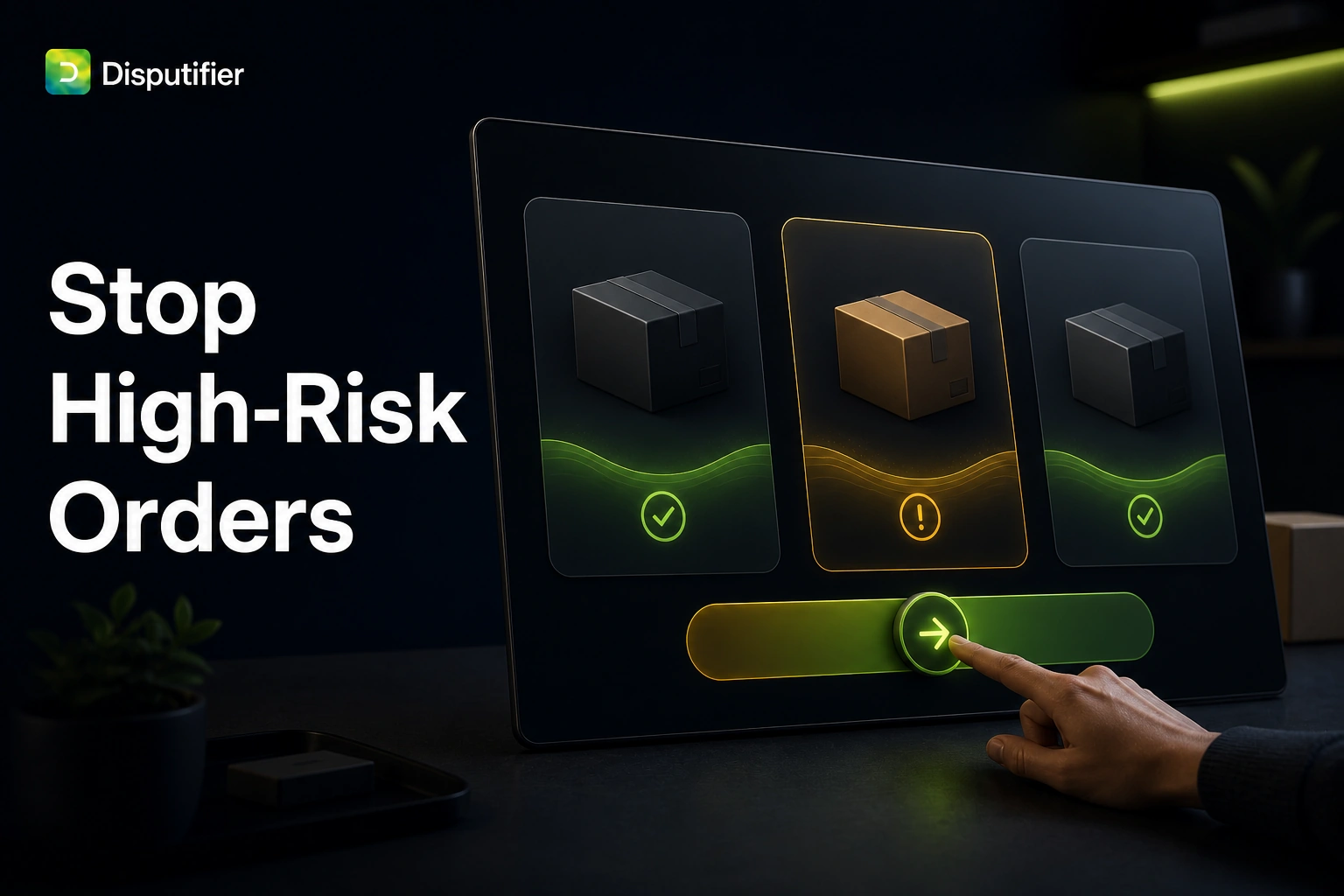 Disputifier order-review illustration showing a high-risk ecommerce order flagged before fulfillment while safe orders are approved for a Shopify store.”