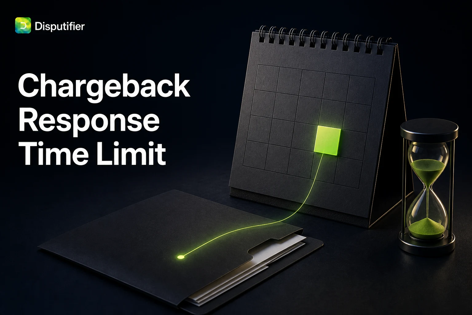 Disputifier illustration showing a chargeback response deadline with a highlighted calendar date, evidence folder, and hourglass for ecommerce merchants.