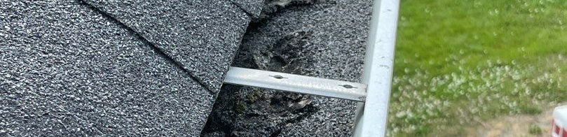 Asphalt shingle granules collect in the gutters around the house during degranulation and granule loss. The granules reduce the capacity of the gutters and make clogs more likely.