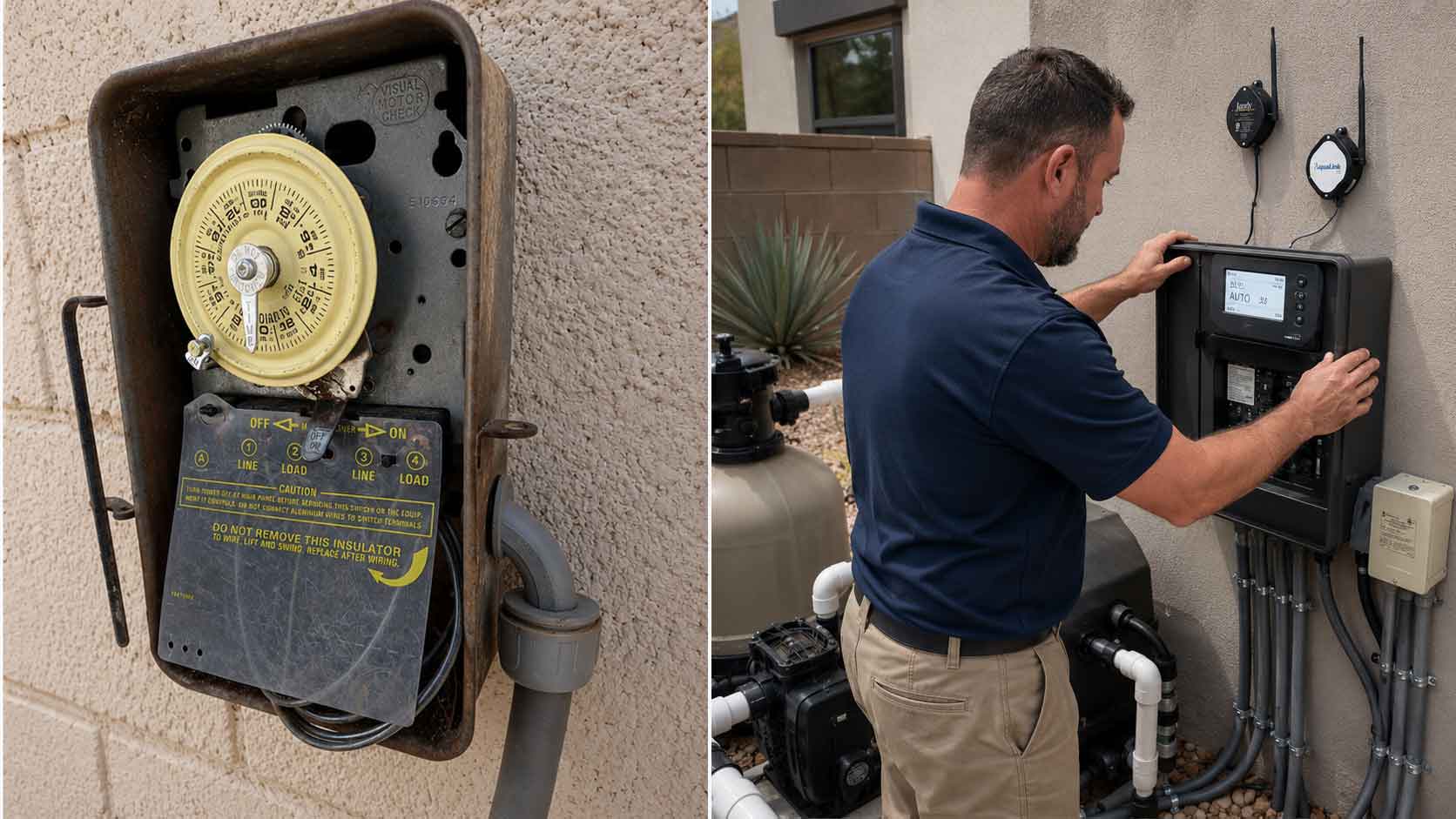 Pool professional installing a new pool automation panel and replacing an old pool timer
