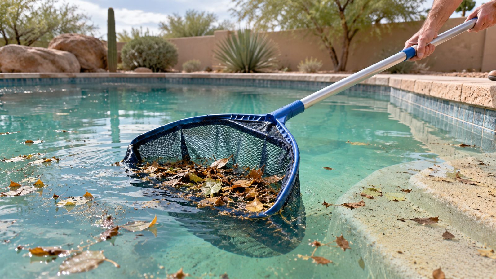 Leaf net collecting windblown leaves from a dusty Phoenix swimming pool
