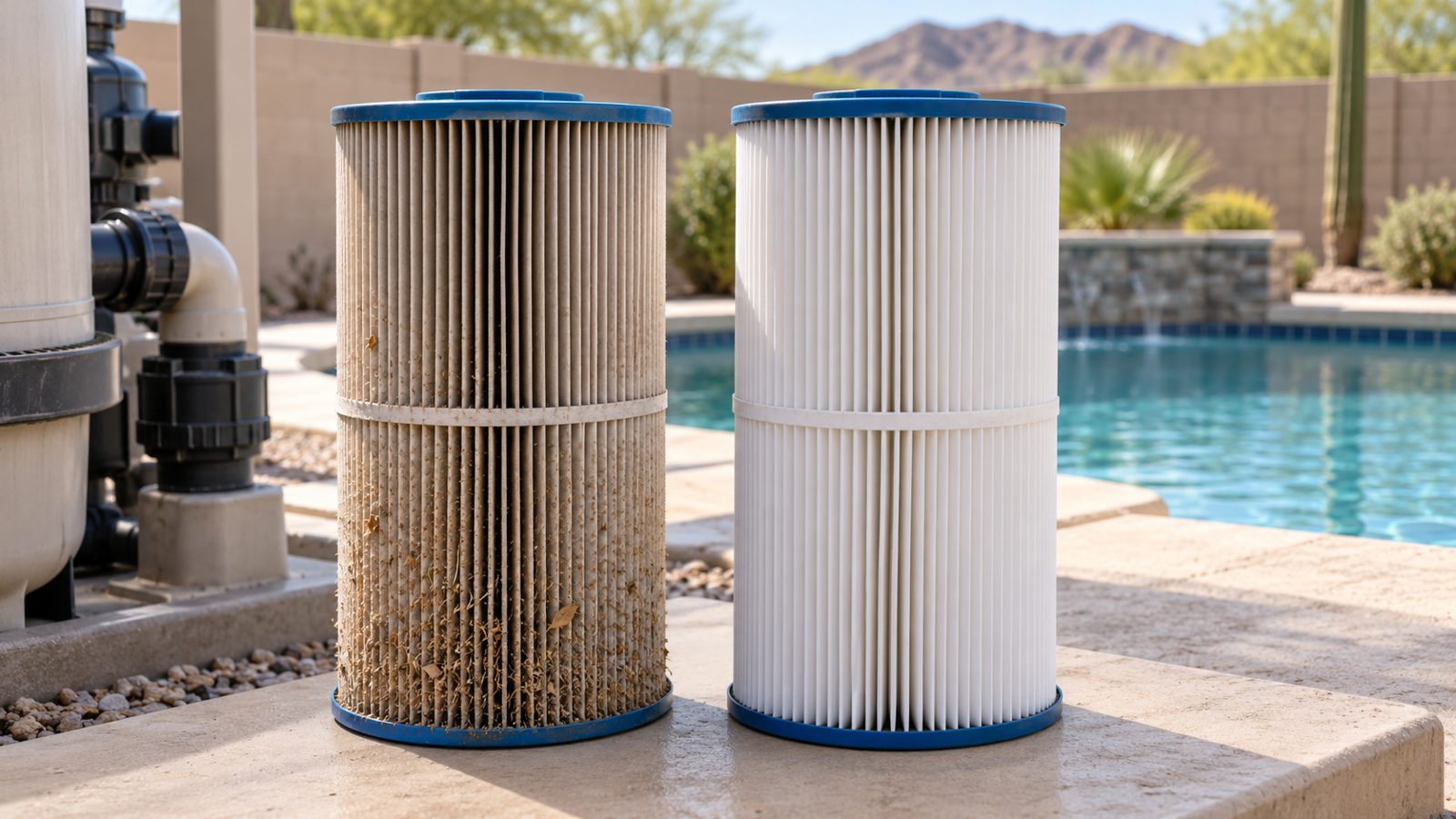 Dust-loaded pool filter cartridge beside a clean cartridge on a Phoenix equipment pad