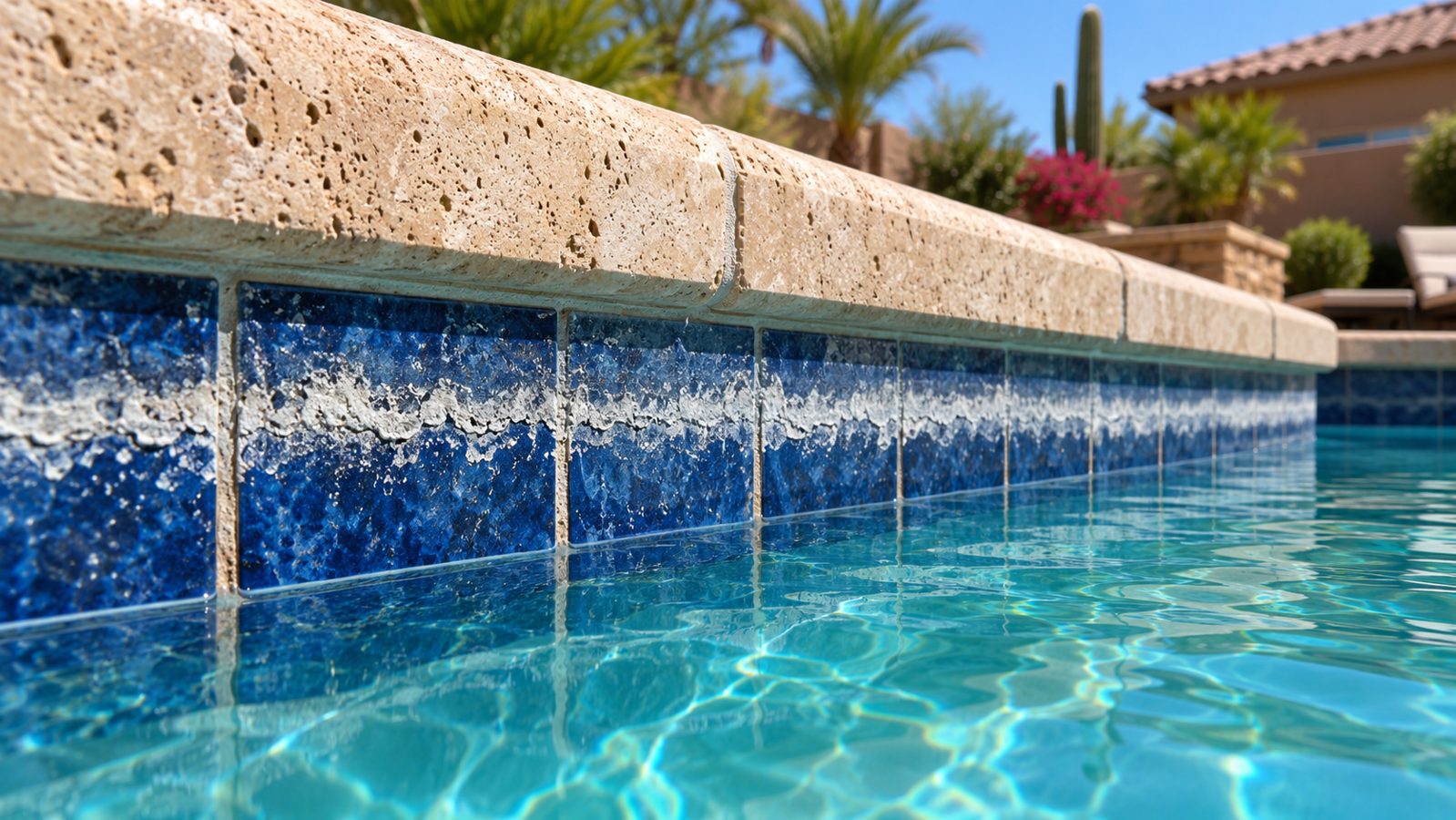 White calcium scale along blue waterline tile in a Phoenix swimming pool