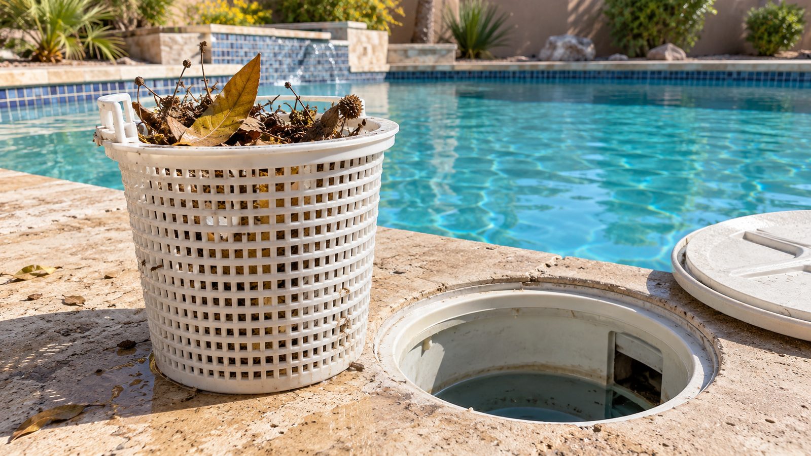Pool skimmer basket filled with leaves and debris beside a Phoenix swimming pool