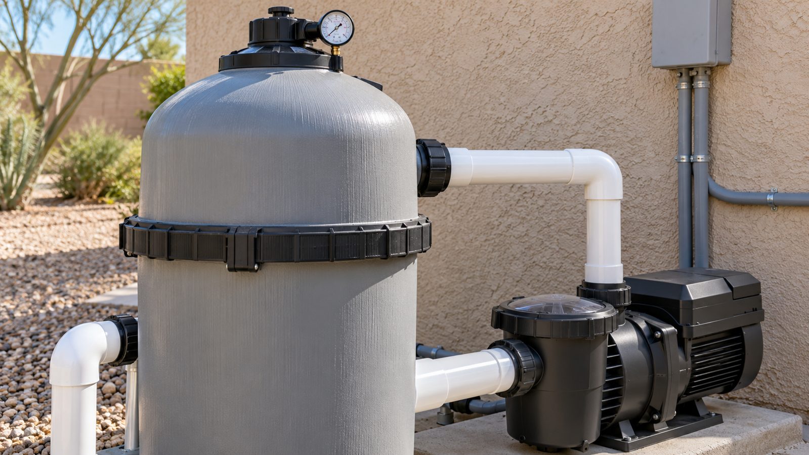 Pool cartridge filter pressure gauge and circulation pump on a residential equipment pad