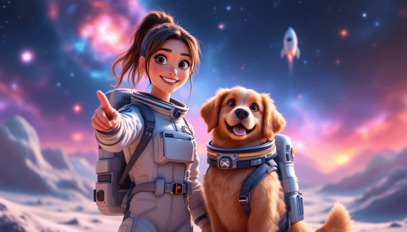 Educatrice canine habillĂ©e en astronaute souriante pointant vers le ciel Ă©toilĂ©, accompagnĂ©e dâun chien en combinaison spatiale, sur une planĂšte extraterrestre baignĂ©e de lumiĂšres colorĂ©es, avec une fusĂ©e dĂ©collant Ă lâarriĂšre-plan.