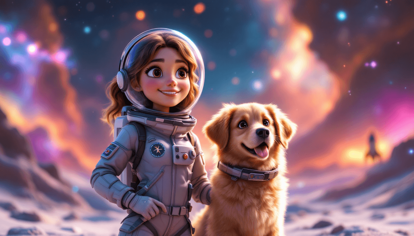 Educatrice canine habillĂ©e astronaute au style cartoon accompagnĂ©e dâun chien portant un collier futuriste, posant sur une planĂšte inconnue aux couleurs nĂ©buleuses et féériques dans un univers spatial.