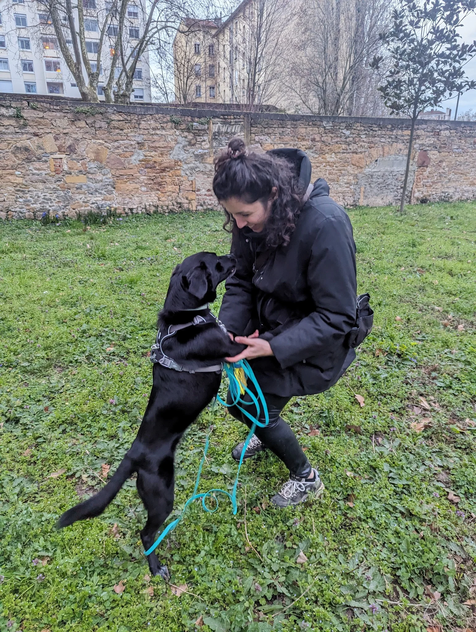 Eva de Canieduc interagit avec un labrador noir debout sur ses pattes arrières dans un jardin.