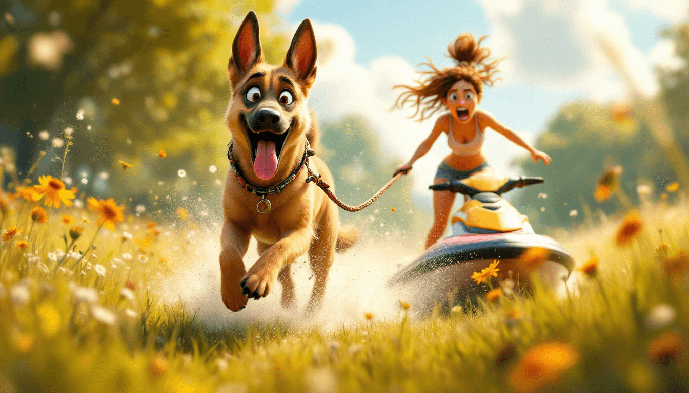 Un malinois en balade dans un parc tire son humaine assise sur un jetski. La femme est paniquée et peine à tenir sur le jetski qui n'est clairement pas fait pour le gazon.