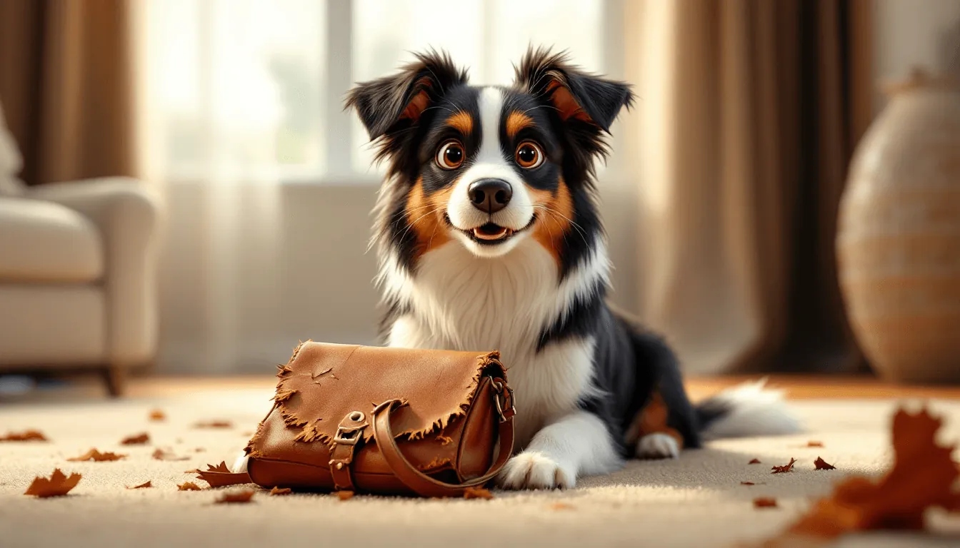 Un Border Collie fixe l’objectif avec un air satisfait, allongé devant un sac à main en cuir qu’il a visiblement mâchouillé, des morceaux de cuir éparpillés autour de lui sur un tapis beige.