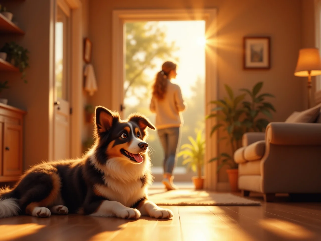 Un chien Border Collie détendu allongé dans un salon baigné de lumière, regardant vers la porte où une femme s’éloigne sereinement.
