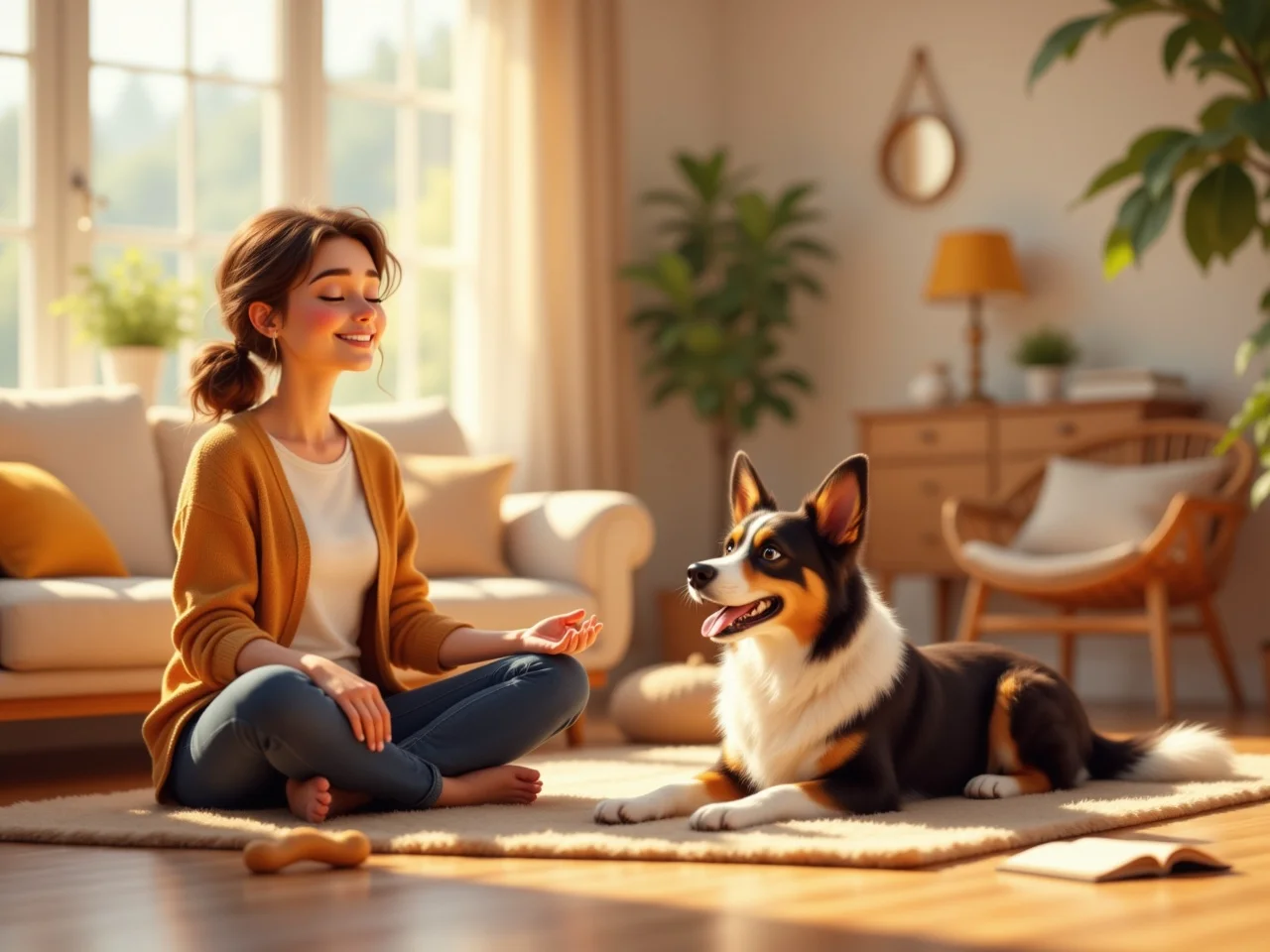 Une femme détendue en tailleur pratique la méditation sur un tapis dans un salon lumineux, accompagnée d’un Border Collie calme et souriant allongé à ses côtés. L’ambiance est paisible et chaleureuse, avec des objets du quotidien posés autour, comme un jouet pour chien et un carnet ouvert.