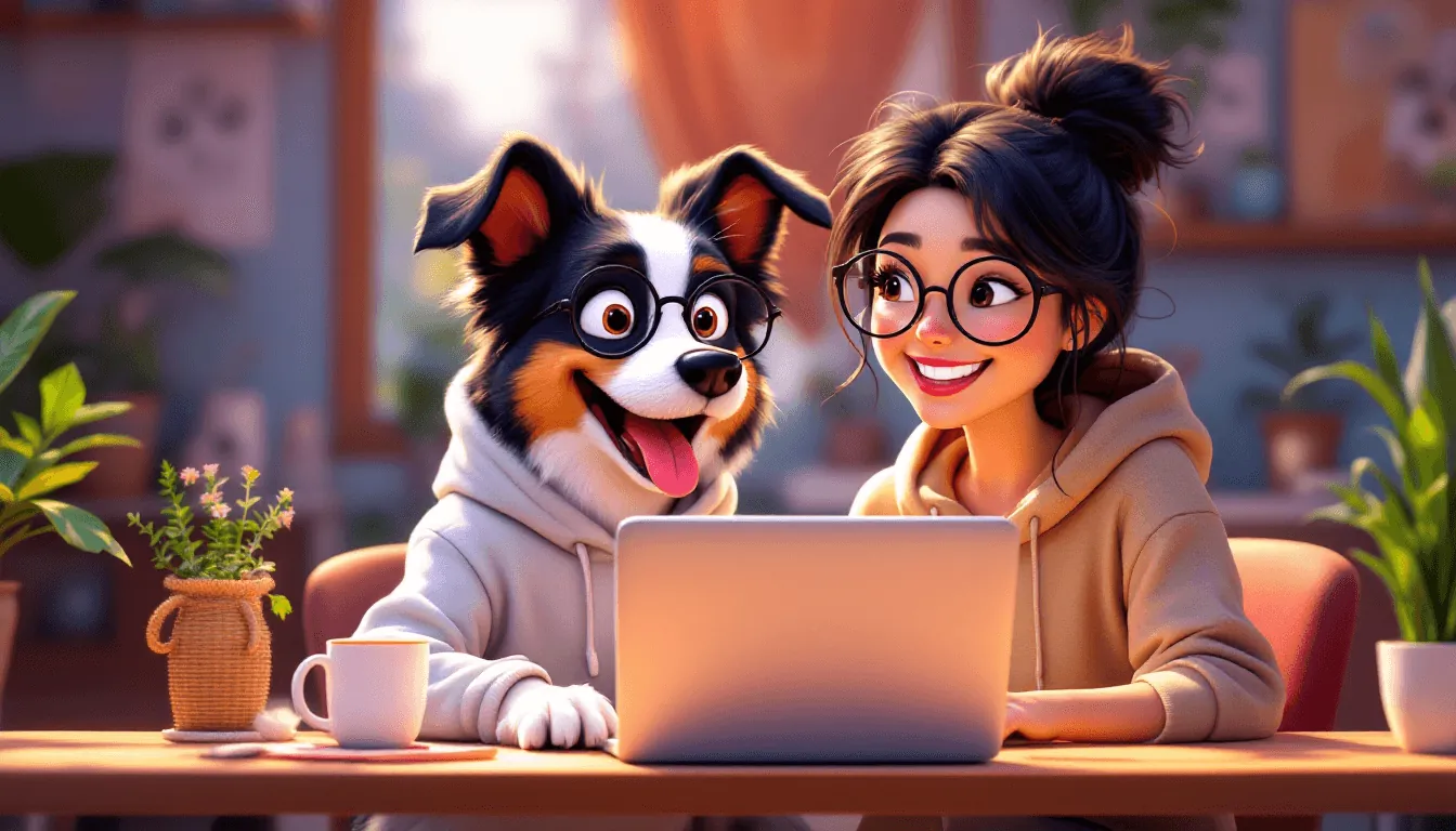Une femme souriante en sweat à capuche partage un moment complice avec un chien type border collie, tous deux portant des lunettes et assis devant un ordinateur portable dans un décor cosy rempli de plantes.