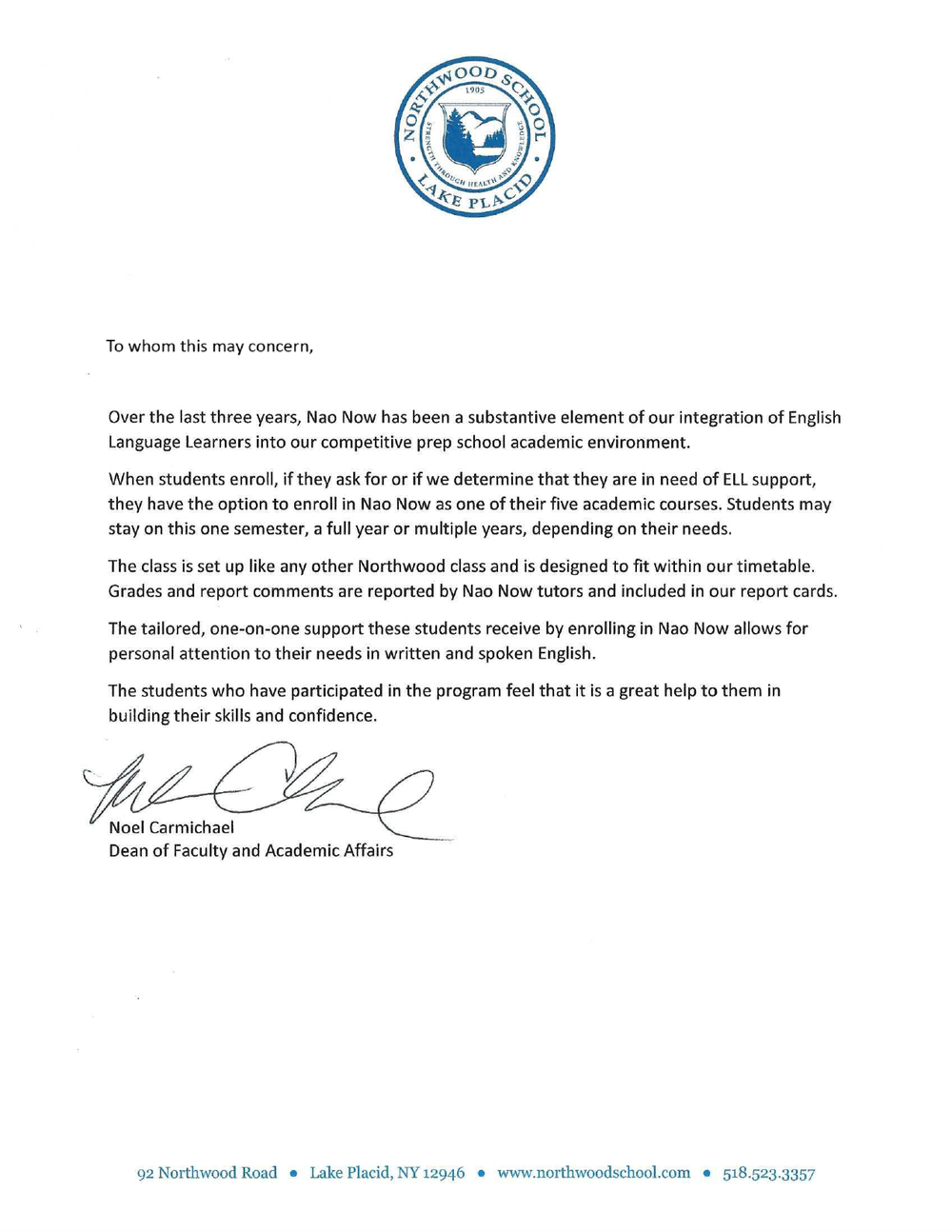 Northwood School letter of support for Nao Now