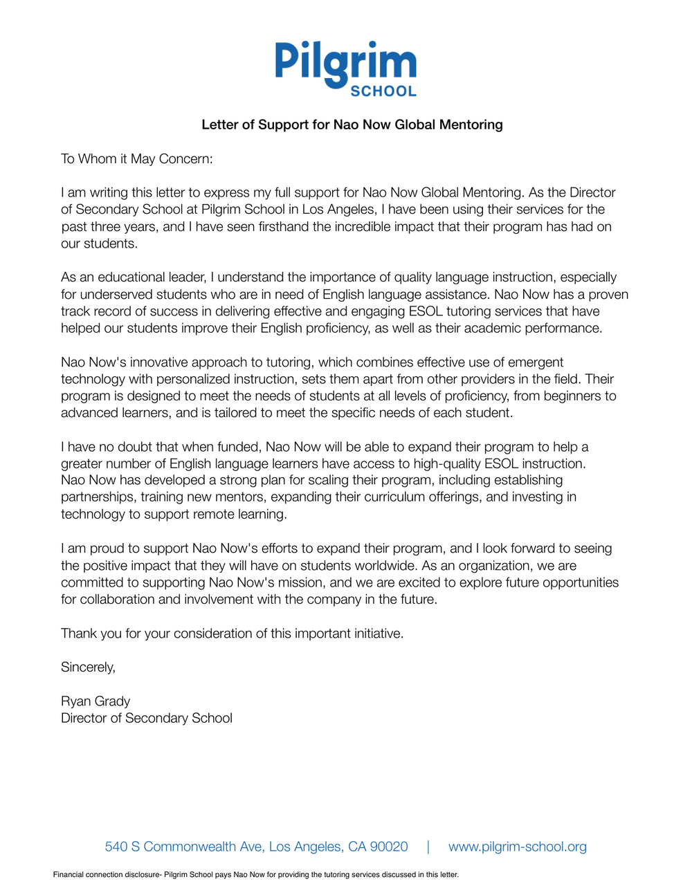 Pilgrim School letter of support for Nao Now