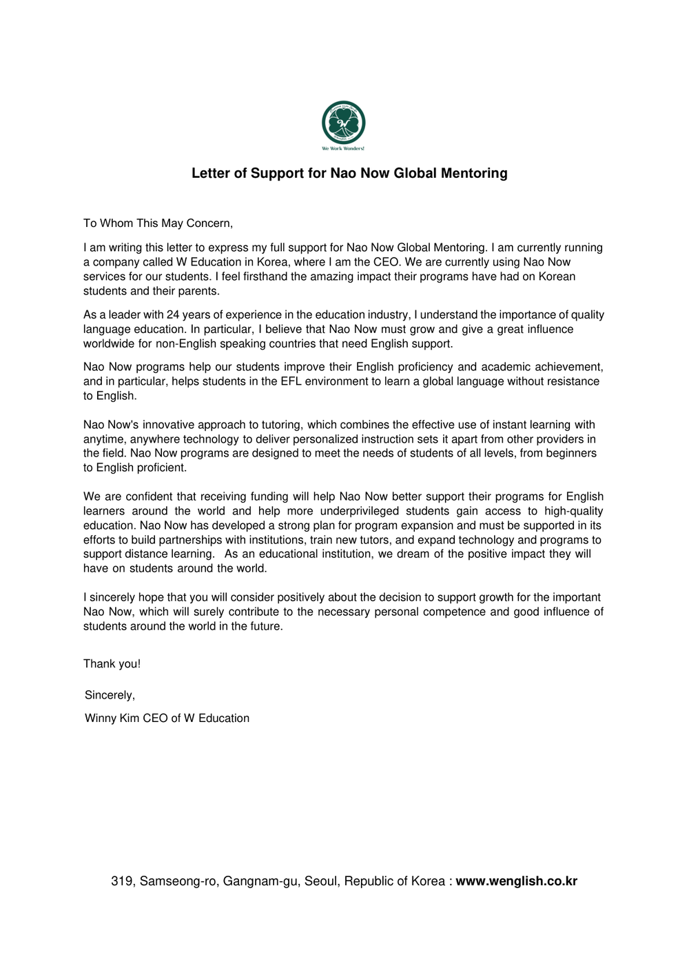 W Education letter of support for Nao Now