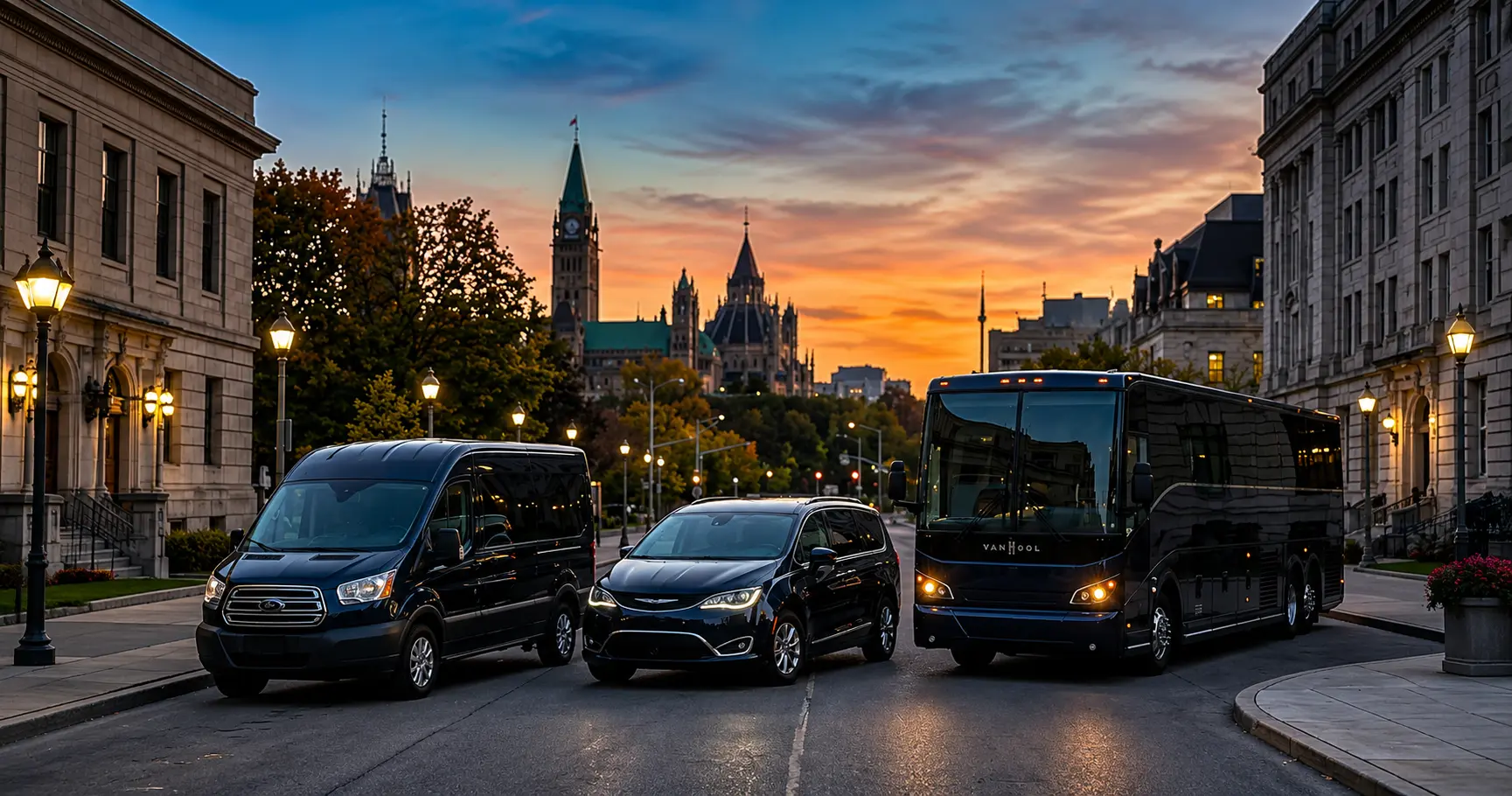 Coach shuttle parked outside an Ottawa Valley barn wedding venue at dusk.