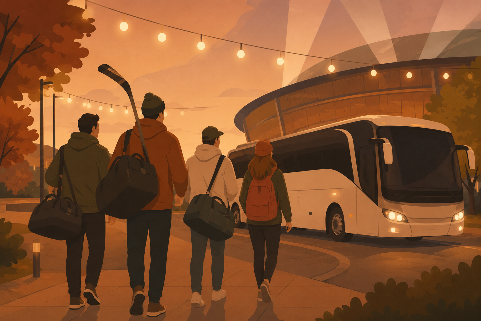 Group boarding an Odyssey Shuttles coach outside the Canadian Tire Centre in Kanata on game night.