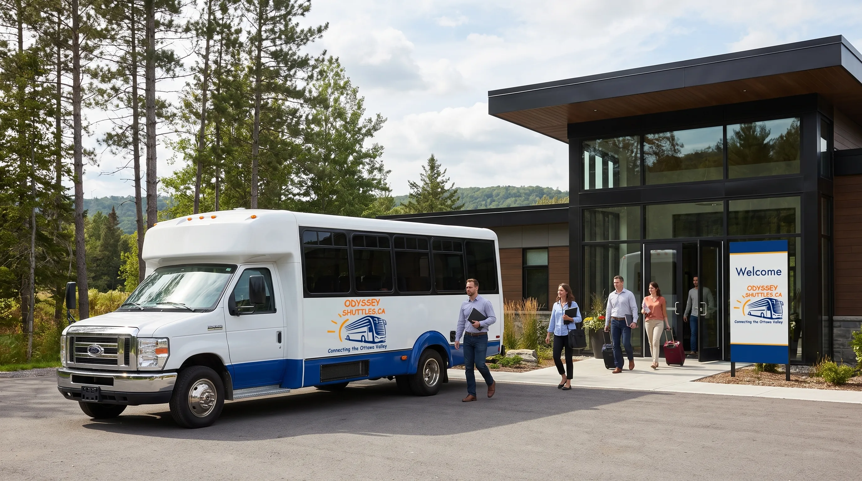 A corporate shuttle bus outside a modern retreat venue near Ottawa, with employees arriving together carrying notebooks and small bags near the entrance and trees in the background.