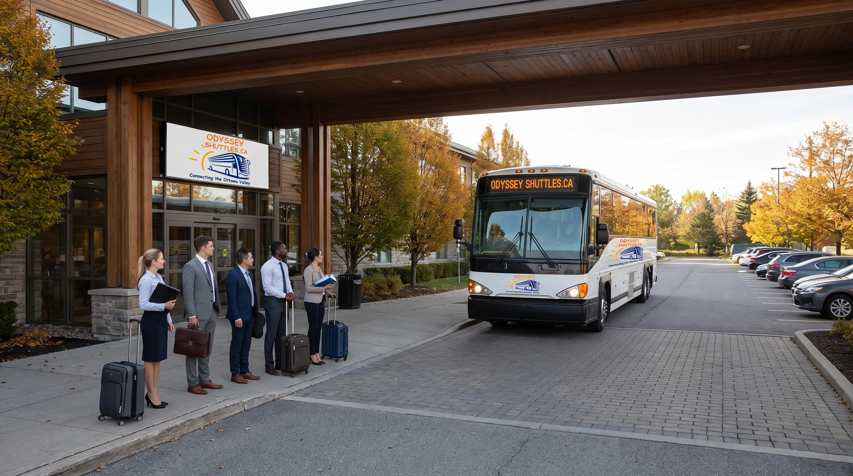 Business travelers with luggage boarding an Odyssey Shuttles coach outside a modern Ottawa-area retreat venue