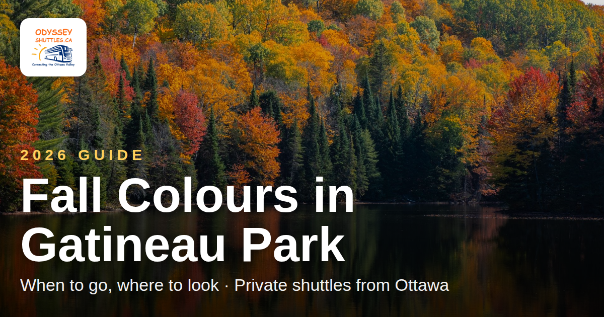 Fall colours reflecting on a Canadian lake, red and orange maples along the shoreline.