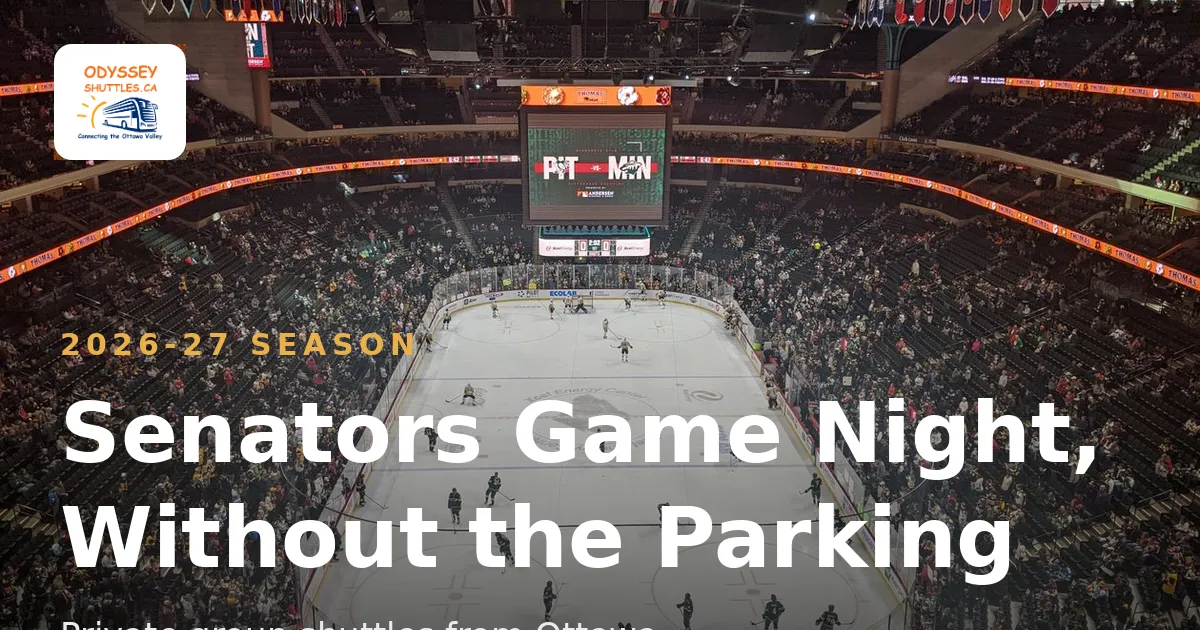 Packed hockey arena during a night game, players on the ice and a full crowd in the stands.