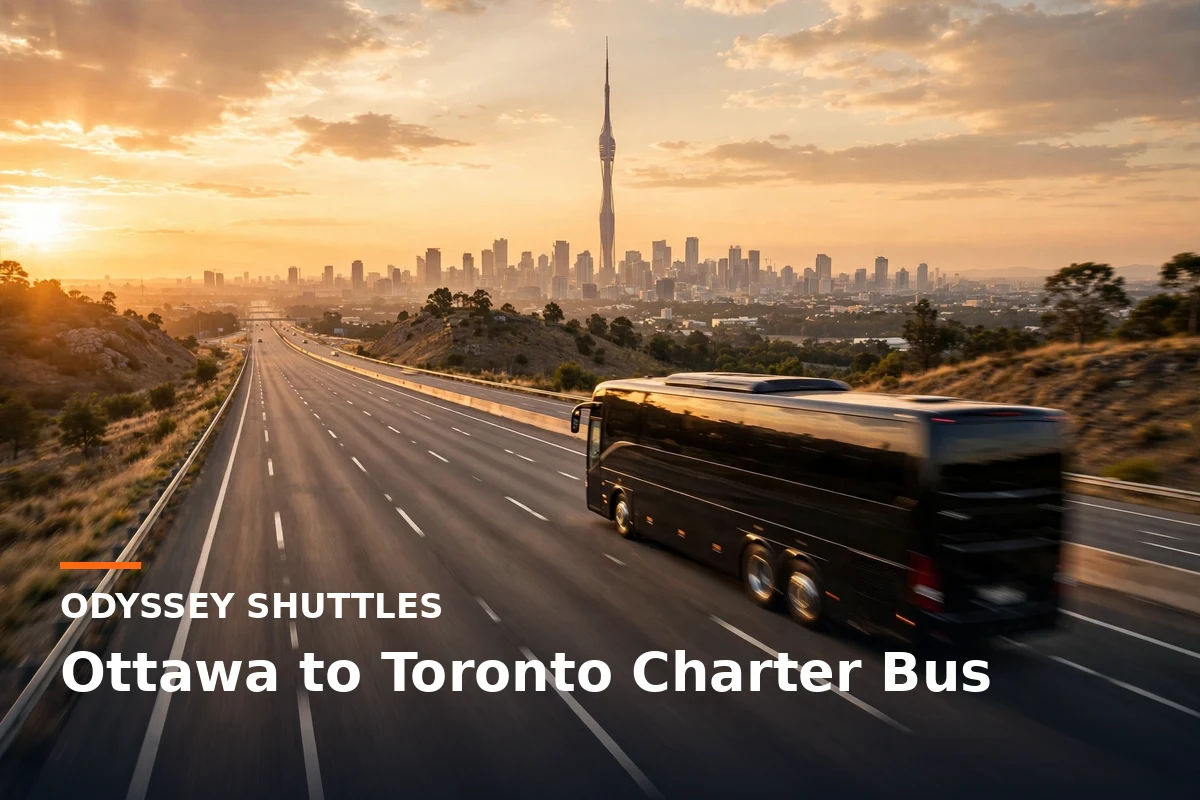 Black Odyssey Shuttles coach on the highway approaching the Toronto skyline at sunset