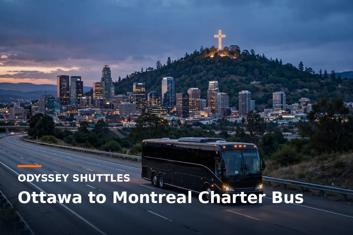 Black coach on the highway with the Montreal skyline and Mount Royal cross at dusk