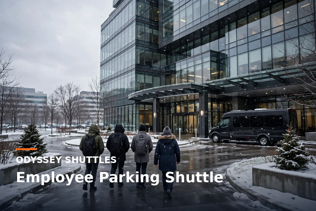 Black shuttle minibus at a modern Ottawa office building on a winter morning