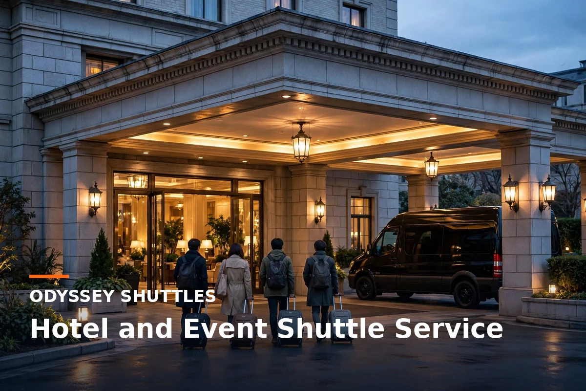 Black Odyssey Shuttles van at a hotel entrance at dusk with guests and luggage