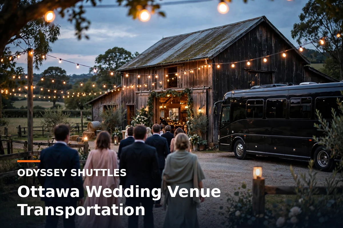 Wedding guests walking toward a string-lit barn venue at dusk with a black coach parked beside it