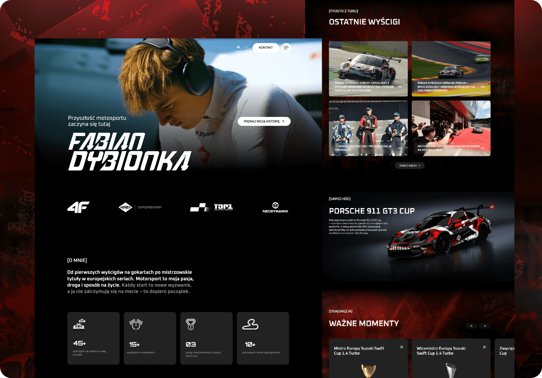 Strona internetowa kierowcy wyścigowego Fabian Dybionka – nowoczesny layout Webflow z hero section, aktualnościami z wyścigów, prezentacją samochodu Porsche 911 GT3 Cup, osiągnięciami sportowymi oraz logotypami sponsorów
