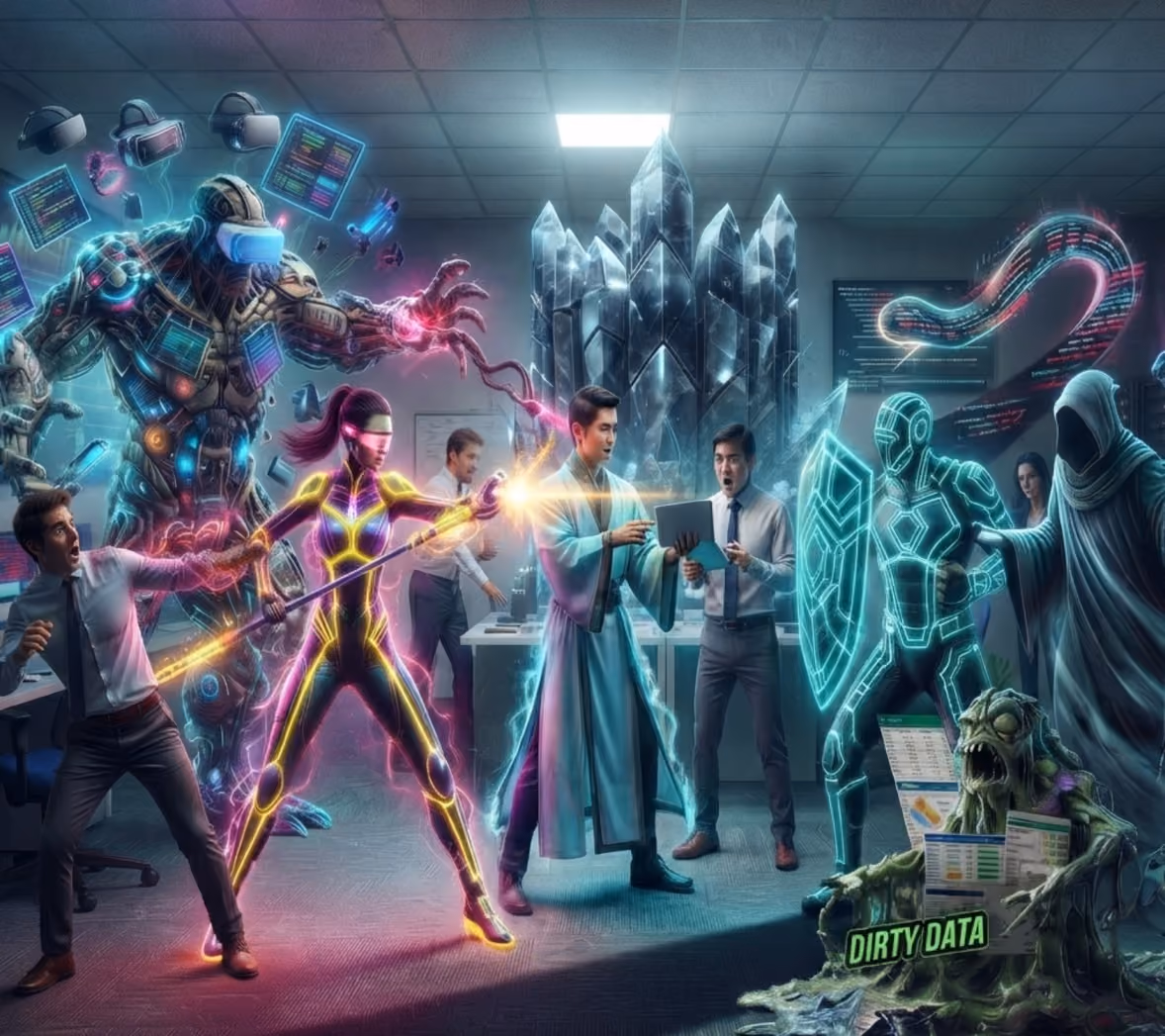 Digital art showing a futuristic office scene where business people and glowing neon characters face a monstrous figure labeled 'DIRTY DATA'; the scene includes a large robotic warrior, a woman in a glowing suit wielding a spear, a man in a robe using a glowing tablet, a holographic armored figure with a shield, and a hooded figure amidst floating data streams and crystal structures.