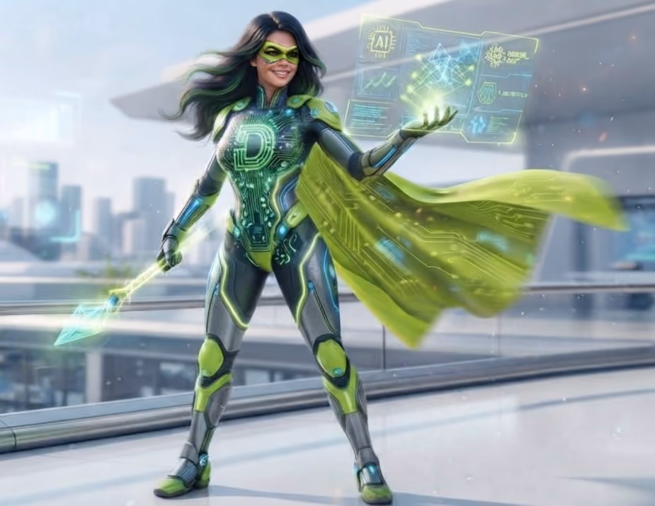 Futuristic female superhero in metallic black and green armor with a flowing green cape and mask, holding a glowing spear in one hand and projecting a holographic screen with AI data from the other, standing on a rooftop with a city skyline in the background.