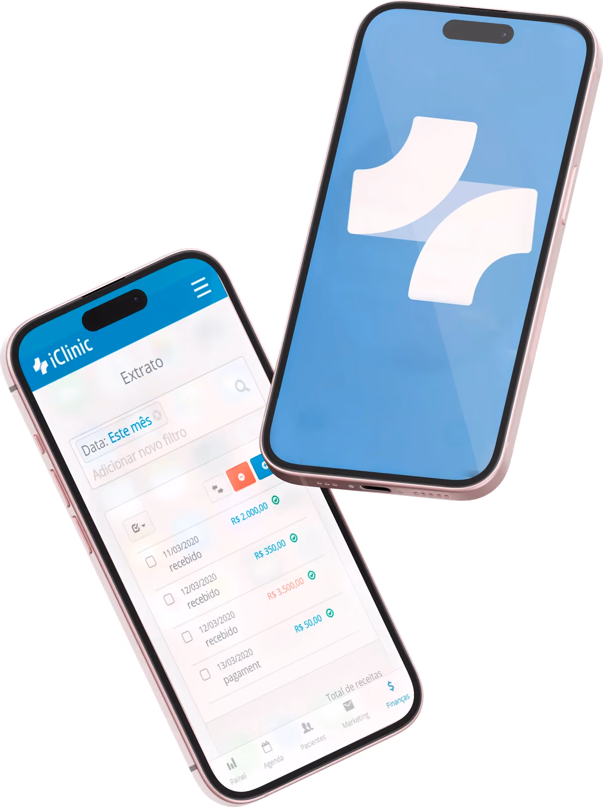 Aplicativo iClinic exibindo a tela de extrato financeiro em dois celulares
