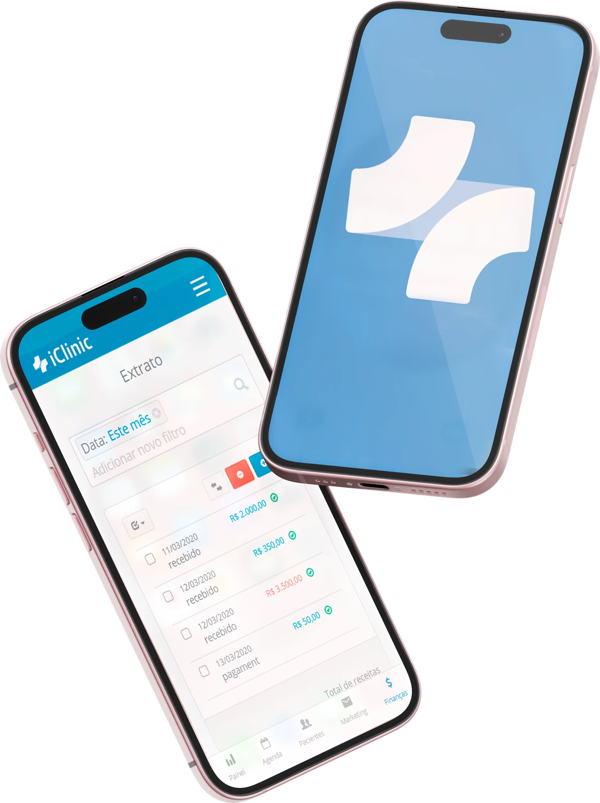Aplicativo iClinic exibindo a tela de extrato financeiro em dois celulares