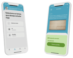 Telas do app de ECG da Afya CardioPapers com seleção de temas e questão comentada