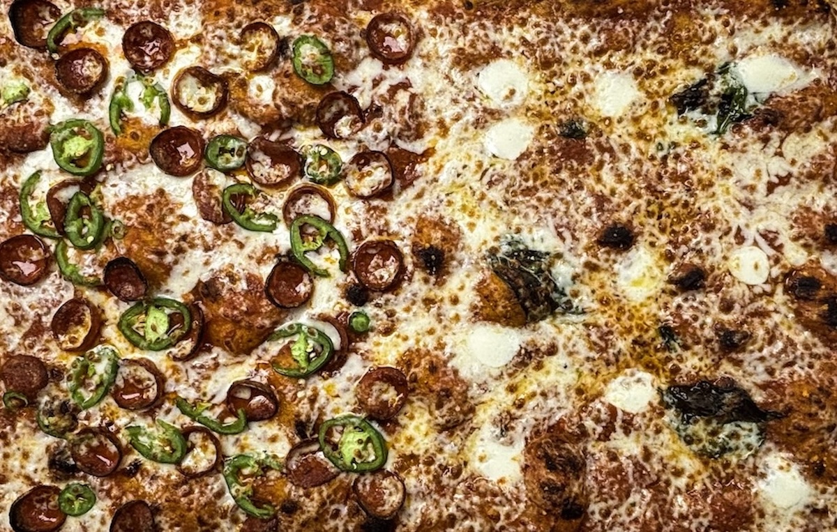 Pizza Spinello pie: jalapeno-pepperoni & margarita.
