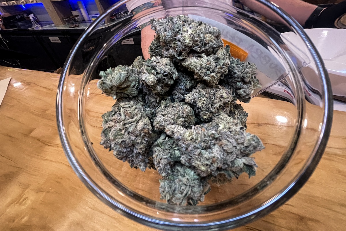 Closeup of marijuana buds in a jar at the Flower Market in Seaside Cannabis Dispensary in Orleans MA.