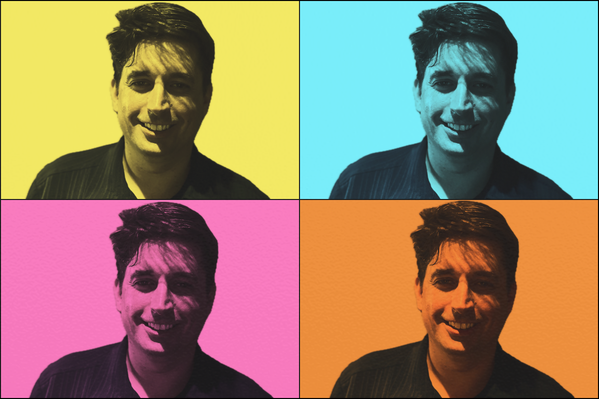 Brad Conant, drummer from Brewster MA, is shown in a portait styled after Andy Warhol with a multi-colored, multi-panel rendering.