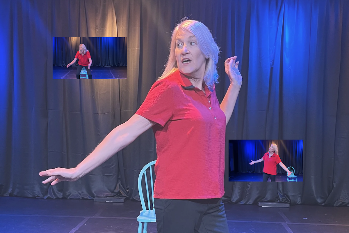 Susan Jeremy on stage performing her one-woman show, ROBERT WILL SHOW YOU OUT (Tales of Being Fired).