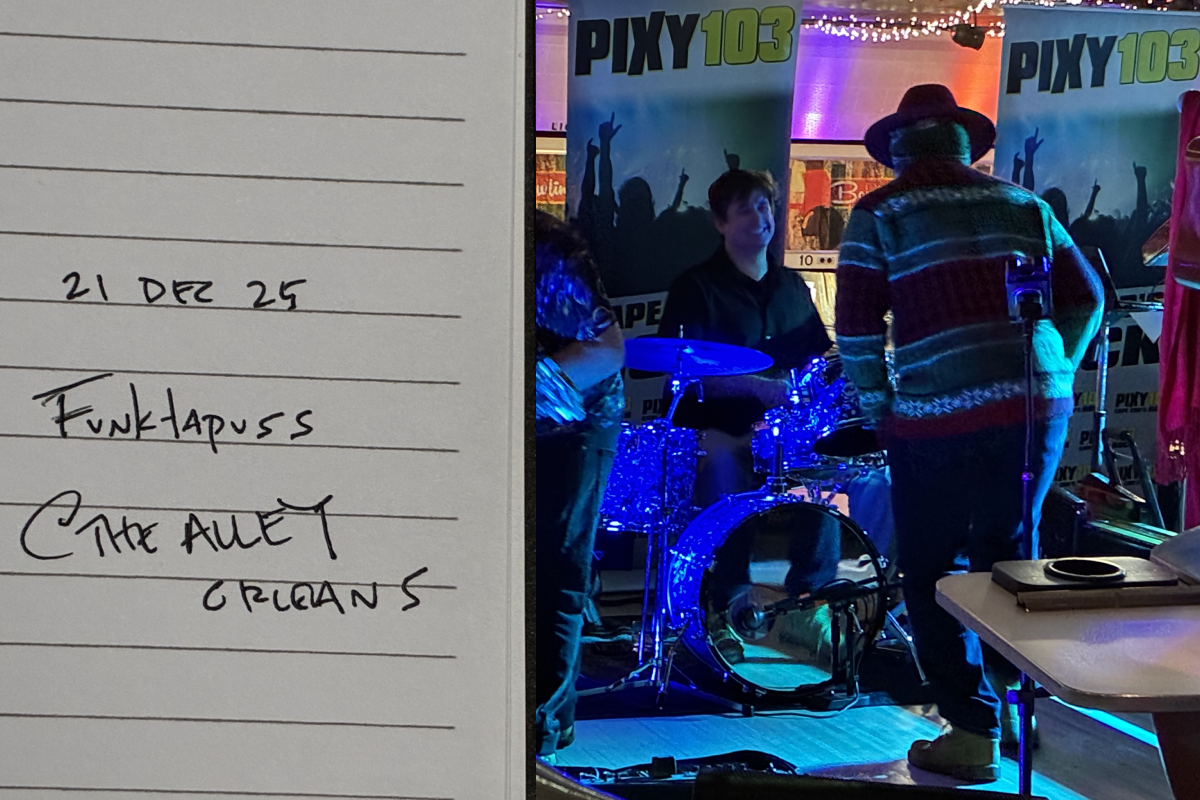 Funktapuss playing on the lanes at the Alley for Seaside Cannabis's 2025 holiday party. Brad Conant's purple drum kit on full display.