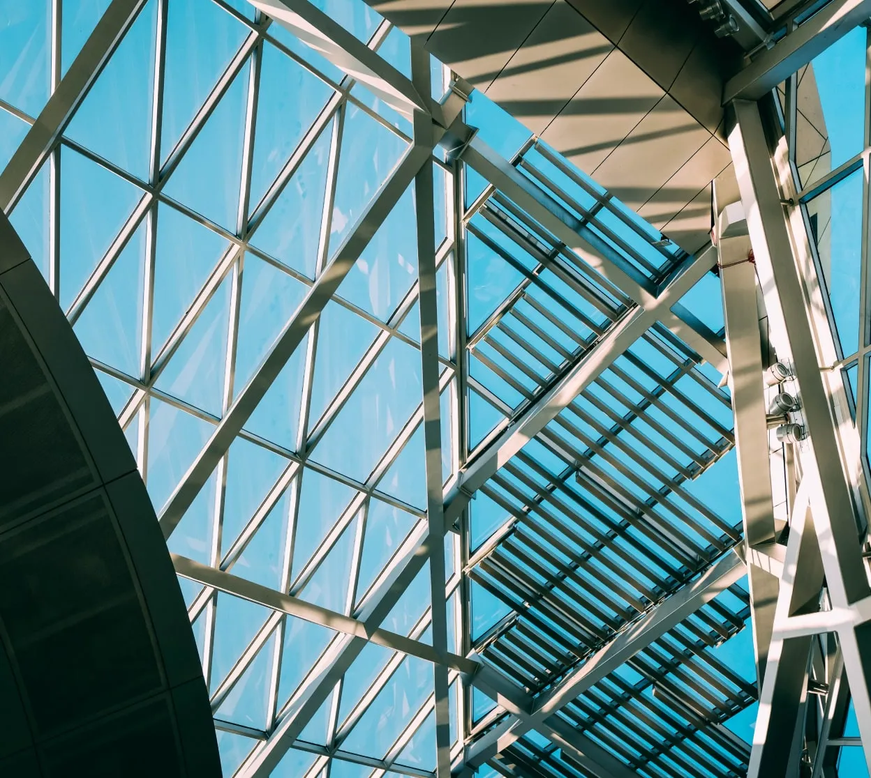 the inside of a building with a glass roof