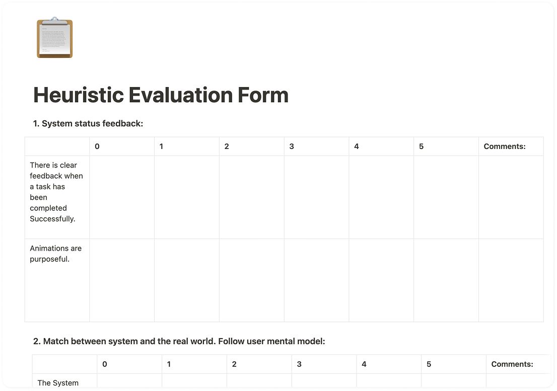 Image of heuristic evaluation forms, "We included 10 different criteria to which our system would be evaluated", "A high-level sub-criteria, giving us assessment of how successful our design was delivered, measured to design heuristics cited by Jakob Nielsen"