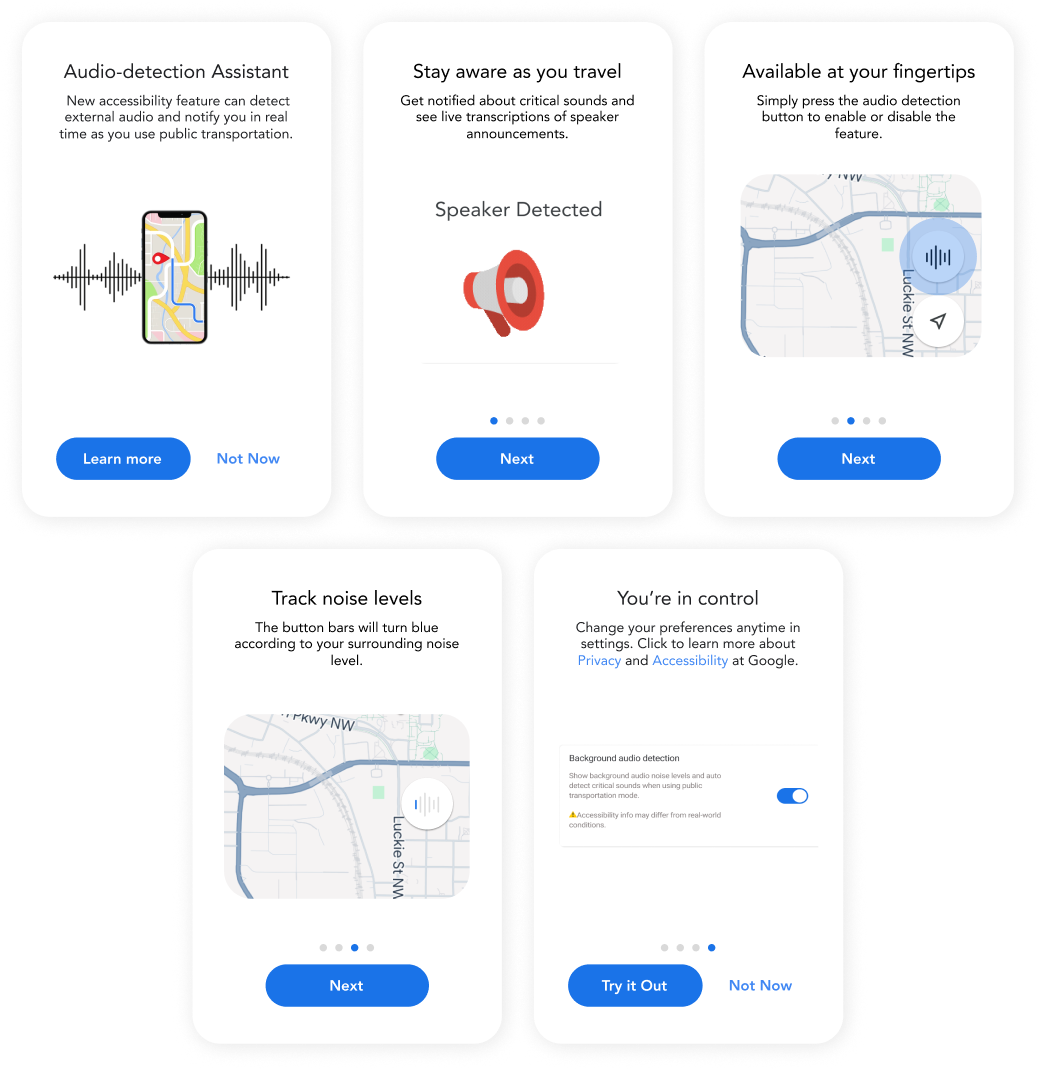 Image of interface iterations "Design Considerations - Experts suggested incorporating reminders of onboarding features throughout the transportation journey. However, repeated reminders could increase cognitive load and potentially hinder the experience."